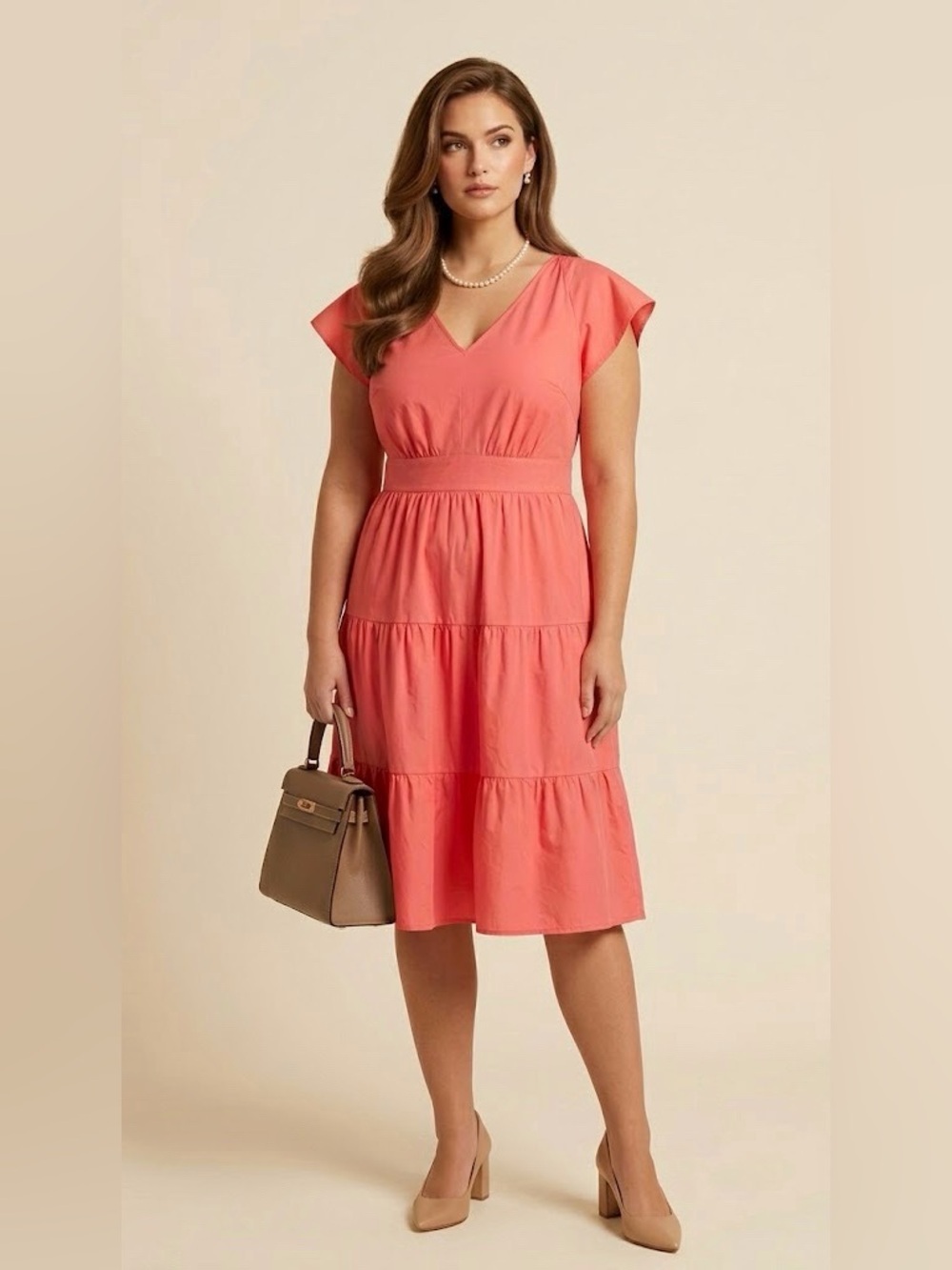 Cotton Midi Dress Coral Tiered VNeck Vacation Work Coquette Wedding Plus Sz 18W